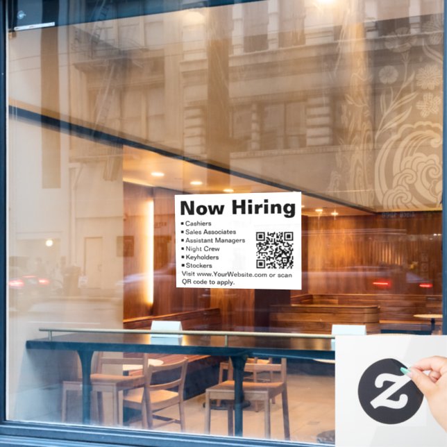 Now Hiring Black and White Retail Scan QR Code Window Cling (Cafe Window)