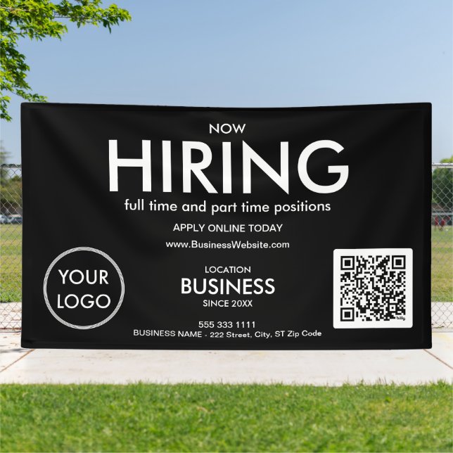 Now Hiring Modern Black Business Logo QR Code  Banner (Outside)