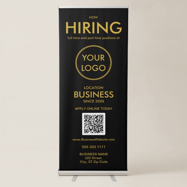 Now Hiring Modern Black Gold Business Logo Retractable Banner (Front)