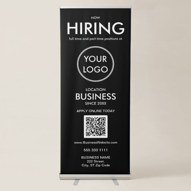 Now Hiring Modern Black White Business Logo Retractable Banner (Front)