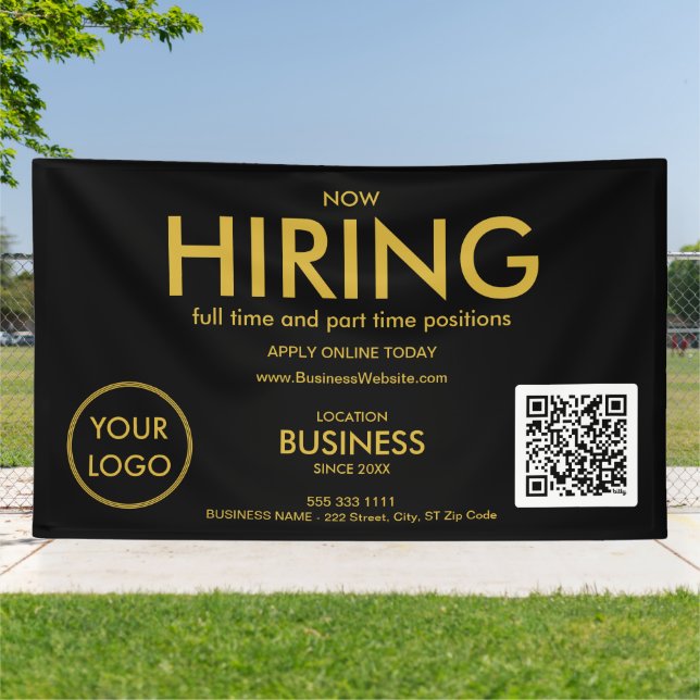 Now Hiring Modern Gold Business Logo QR Code Black Banner (Outside)