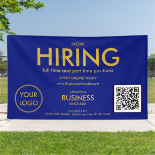 Now Hiring Modern Gold Business Logo QR Code Blue  Banner