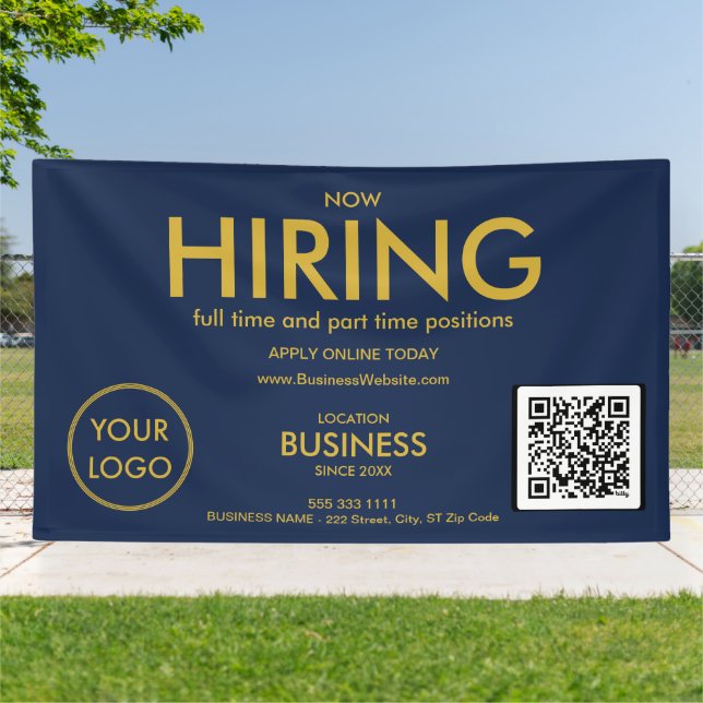 Now Hiring Modern Gold Business Logo QR Code Navy  Banner (Outside)