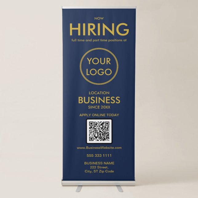 Now Hiring Modern Navy Blue Gold  Business Logo Retractable Banner (Front)