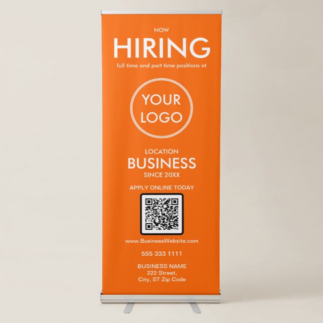 Now Hiring Modern Orange Business Logo Retractable Banner (Front)