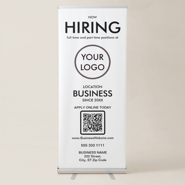 Now Hiring Modern White and Black Business Logo Retractable Banner (Front)