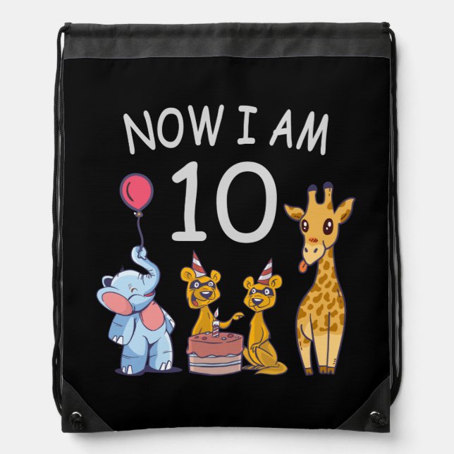 Now I am 10 years old 10th Birthday at the Zoo Drawstring Bag (Front)