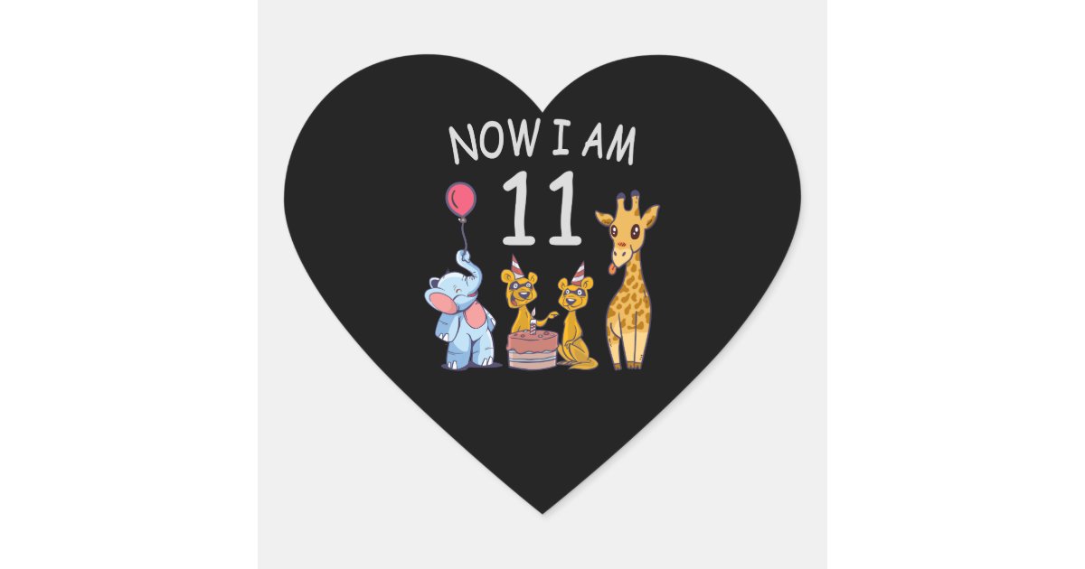 now-i-am-11-years-old-11th-birthday-at-the-zoo-heart-sticker-zazzle