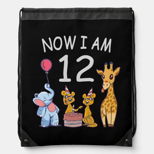 Now I am 12 years old 12th Birthday at the Zoo Drawstring Bag (Front)