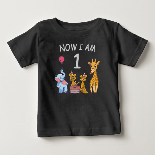 Now I am 1 year old 1st Birthday at the Zoo Baby T-Shirt (Front)