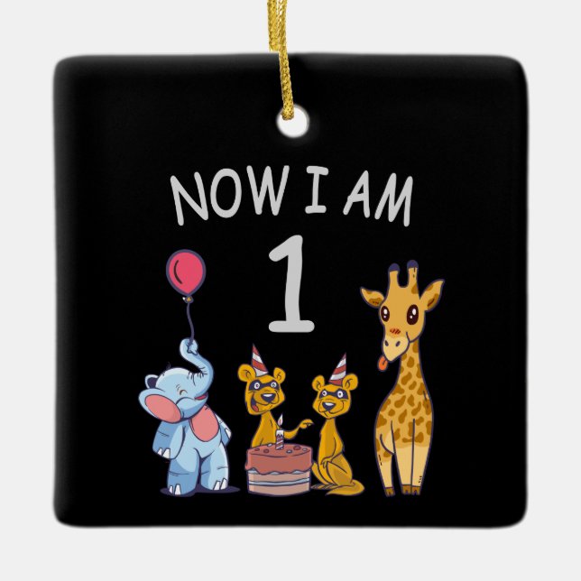 Now I am 1 year old 1st Birthday at the Zoo Ceramic Ornament (Front)