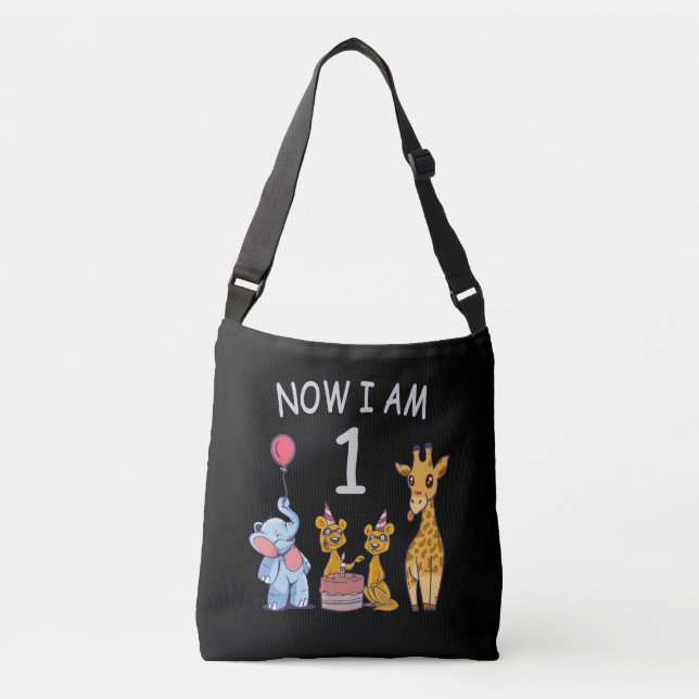 Now I am 1 year old 1st Birthday at the Zoo Crossbody Bag (Front)