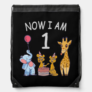 Now I am 1 year old 1st Birthday at the Zoo Drawstring Bag