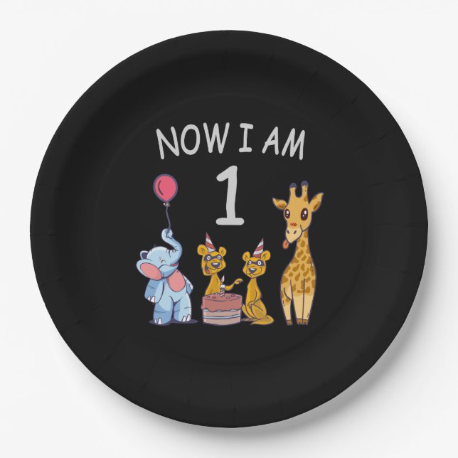 Now I am 1 year old 1st Birthday at the Zoo Paper Plates (Front)