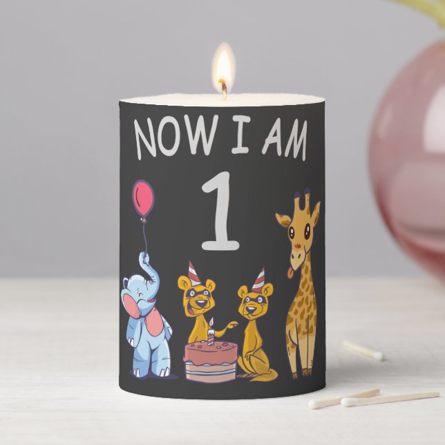 Now I am 1 year old 1st Birthday at the Zoo Pillar Candle (In Situ)