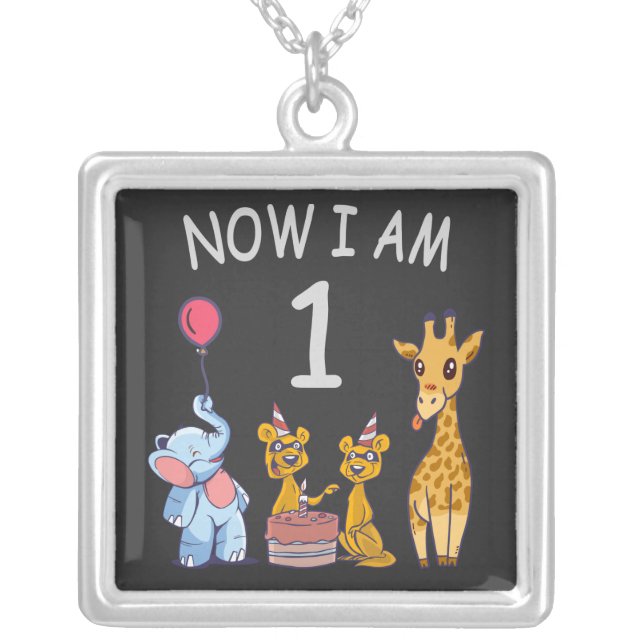 Now I am 1 year old 1st Birthday at the Zoo Silver Plated Necklace (Front)