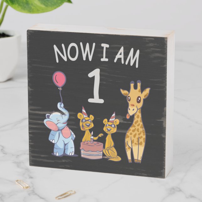 Now I am 1 year old 1st Birthday at the Zoo Wooden Box Sign (In Situ Horizontal)
