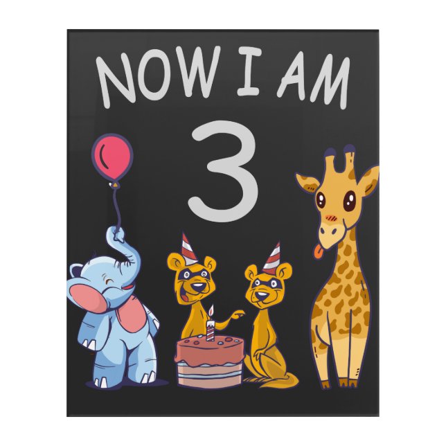 Now I am 3 year old 3rd Birthday at the Zoo Acrylic Print (Front)