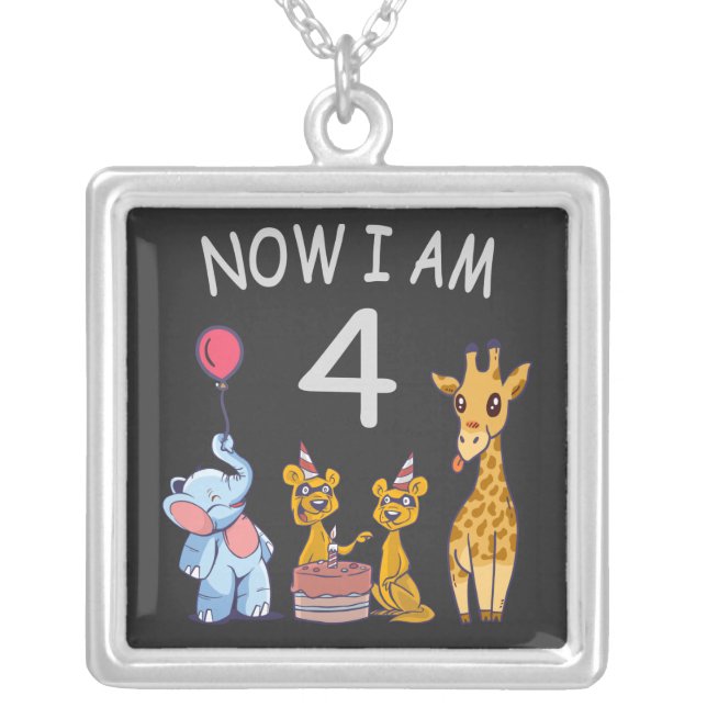 Now I am 4 year old 4th Birthday at the Zoo Silver Plated Necklace (Front)