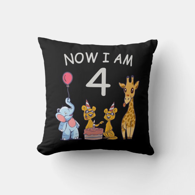 Now I am 4 year old 4th Birthday at the Zoo Throw Pillow (Front)