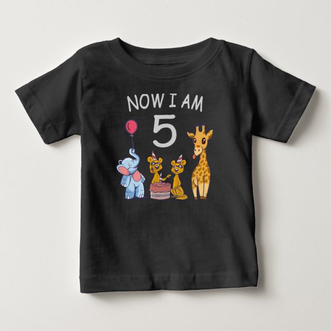 Now I am 5 years old 5th Birthday at the Zoo Baby T-Shirt (Front)
