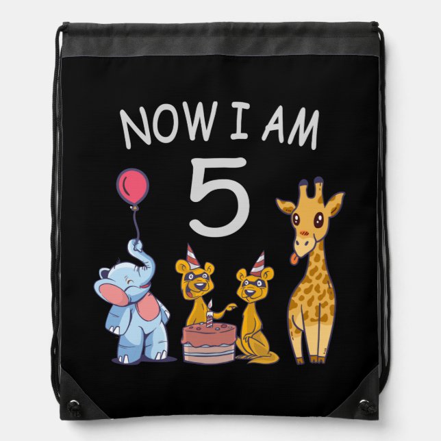 Now I am 5 years old 5th Birthday at the Zoo Drawstring Bag (Front)