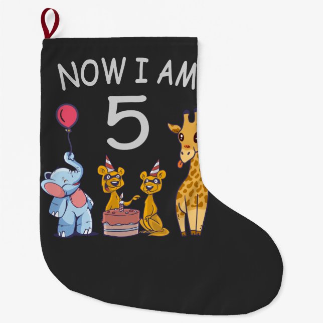 Now I am 5 years old 5th Birthday at the Zoo Large Christmas Stocking (Front)