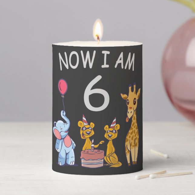 Now I am 6 years old 6th Birthday at the Zoo Pillar Candle (In Situ)