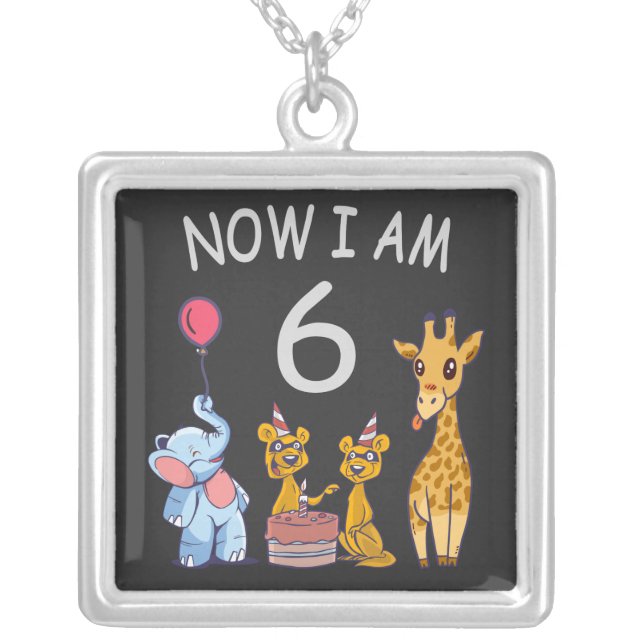 Now I am 6 years old 6th Birthday at the Zoo Silver Plated Necklace (Front)