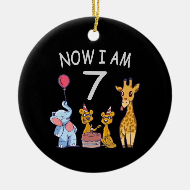 Now I am 7 years old 7th Birthday at the Zoo Ceramic Ornament (Front)