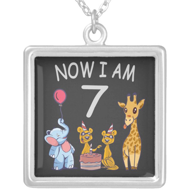 Now I am 7 years old 7th Birthday at the Zoo Silver Plated Necklace (Front)