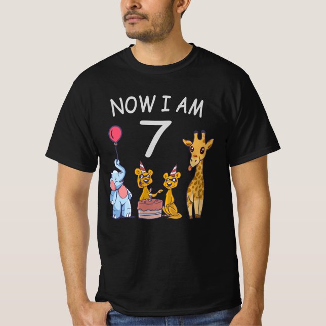 Now I am 7 years old 7th Birthday at the Zoo T-Shirt (Front)