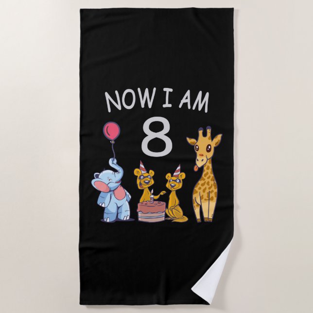 Now I am 8 years old 8th Birthday at the Zoo Beach Towel (Front)