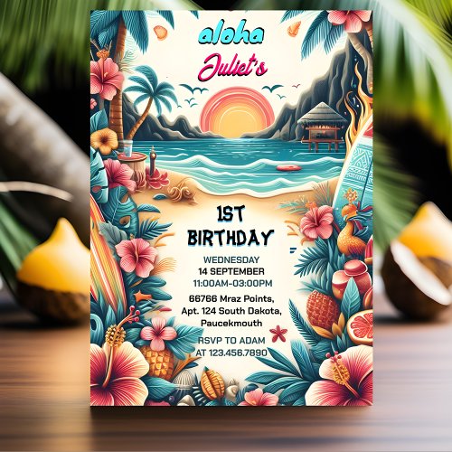 Now Joy hula Luau Surf aloha hawaiian 1st birthday Invitation