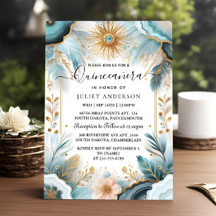 Now Lamp Ivory Ice Sky Gold Light Blue Quinceanera Invitation