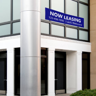 Now Leasing Blue and White Apartment Rental Phone Banner