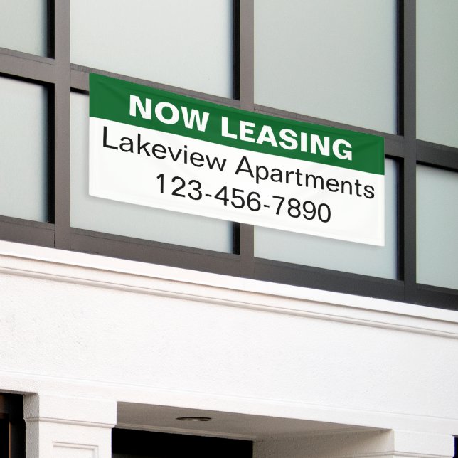 Now Leasing Green White Apartment Community Name Banner (Outside Building)
