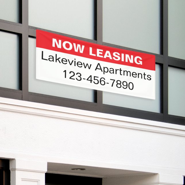 Now Leasing Red & White Apartment Community Name Banner (Outside Building)