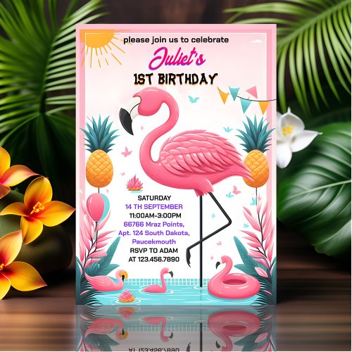 Now Luau Fly Pink Flamingo Pool Party 1st birthday Invitation