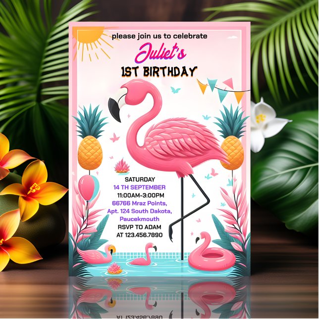 Now Luau Fly Pink Flamingo Pool Party 1st birthday Invitation (Creator Uploaded)