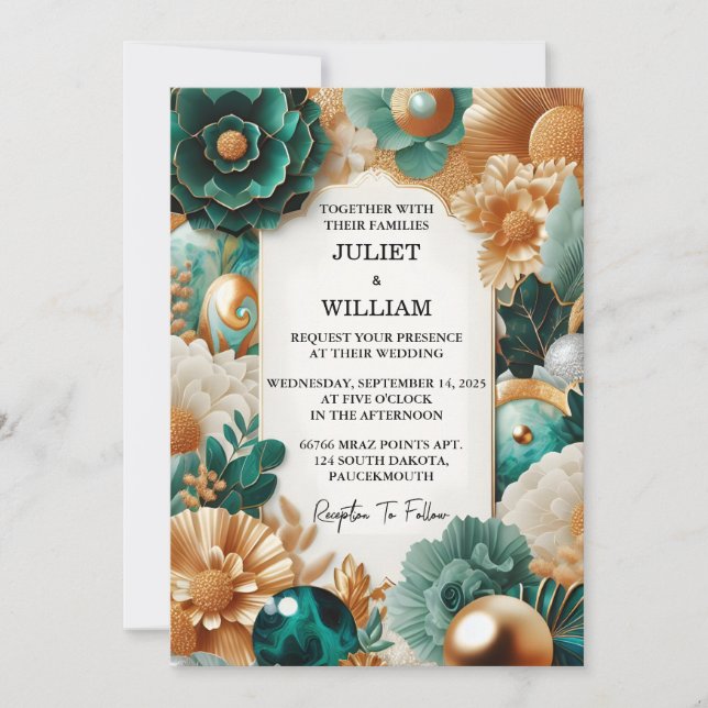 Now Marble Monstera Emerald Green And Gold Wedding Invitation (Front)