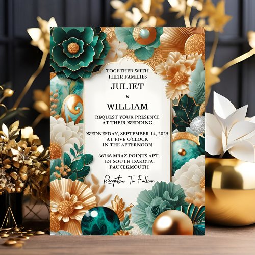 Now Marble Monstera Emerald Green And Gold Wedding Invitation