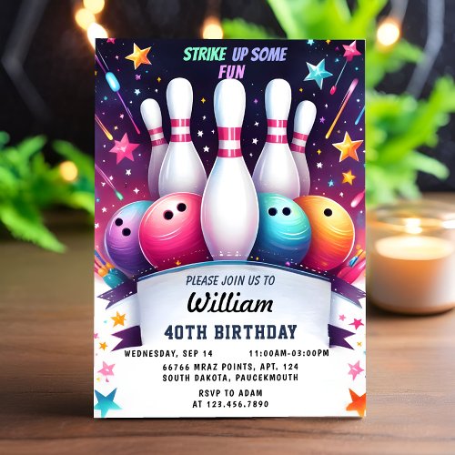 Now Neon Boy Kids Team Event Bowling 40th Birthday Invitation