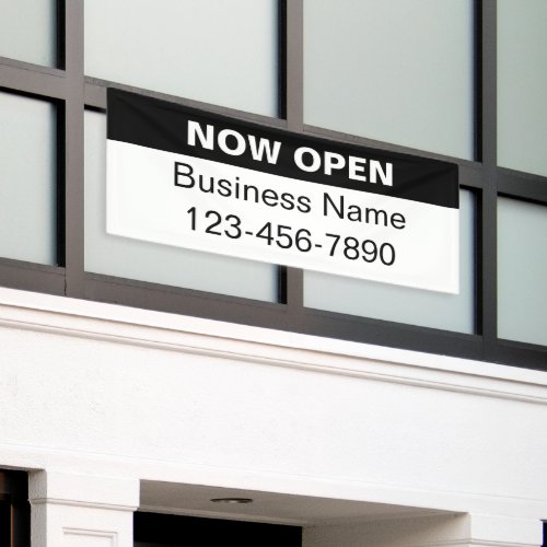 Now Open Black and White Business Name Phone Banner