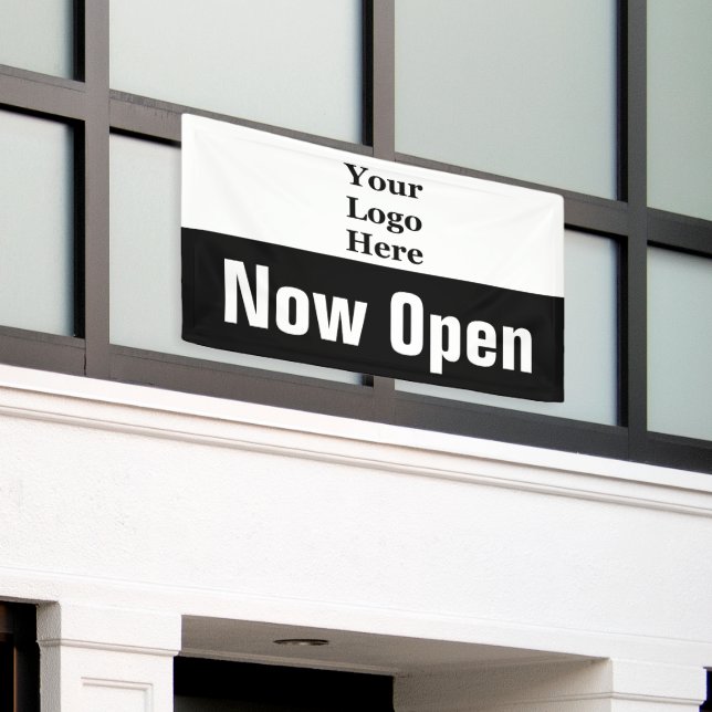 Now Open Black and White Your Logo Here Banner (Outside Building)