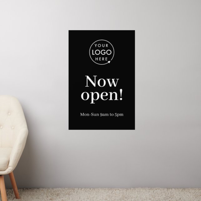 Now Open | Business Opening Times Logo Black Wall Decal (Living Room 2)