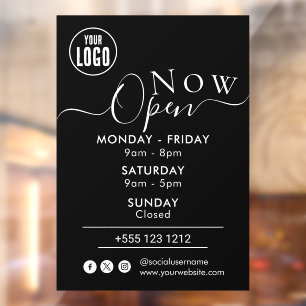 Now Open Business Opening Times Logo BLACK Window Cling