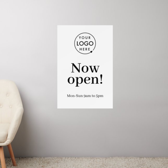 Now Open | Business Opening Times Logo White Wall Decal (Living Room 2)