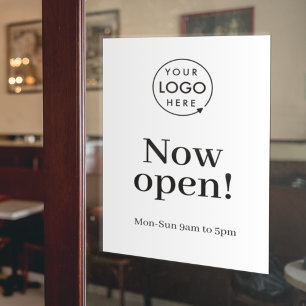 Now Open   Business Opening Times Logo White Window Cling