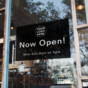Now Open l Black & White Business Logo Hours Window Cling